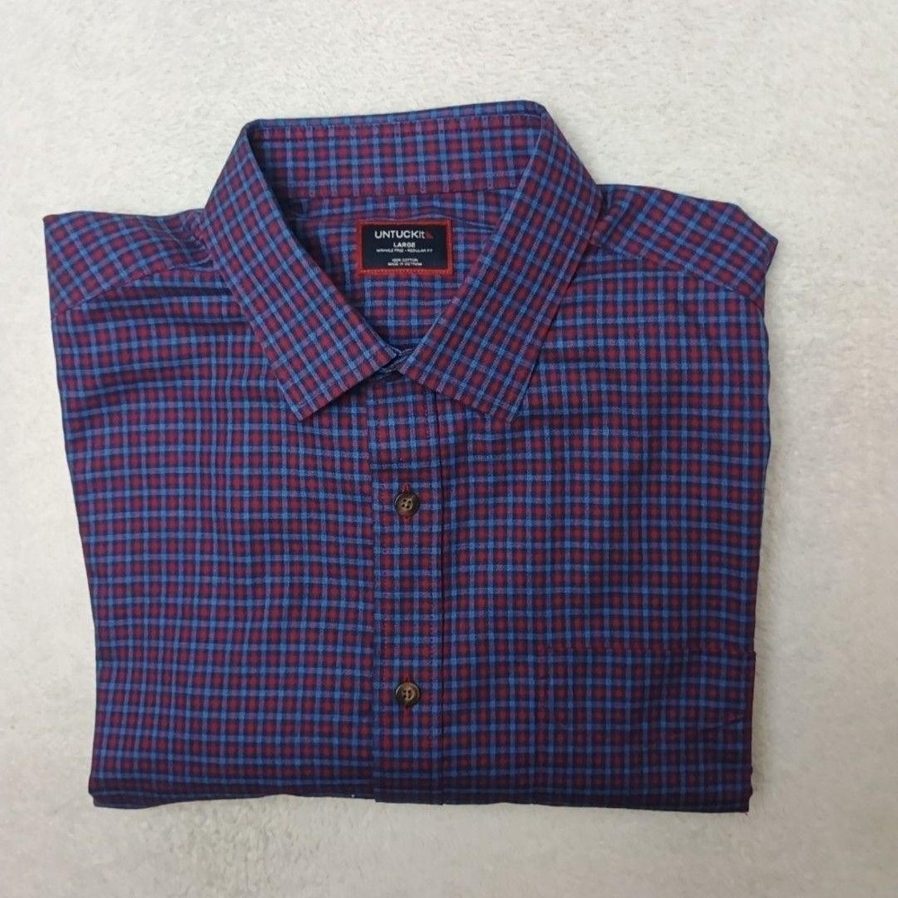 UNTUCKit Shirt Mens L Red Blue Plaid Button-Up Flannel Knight Wrinkle Resistant